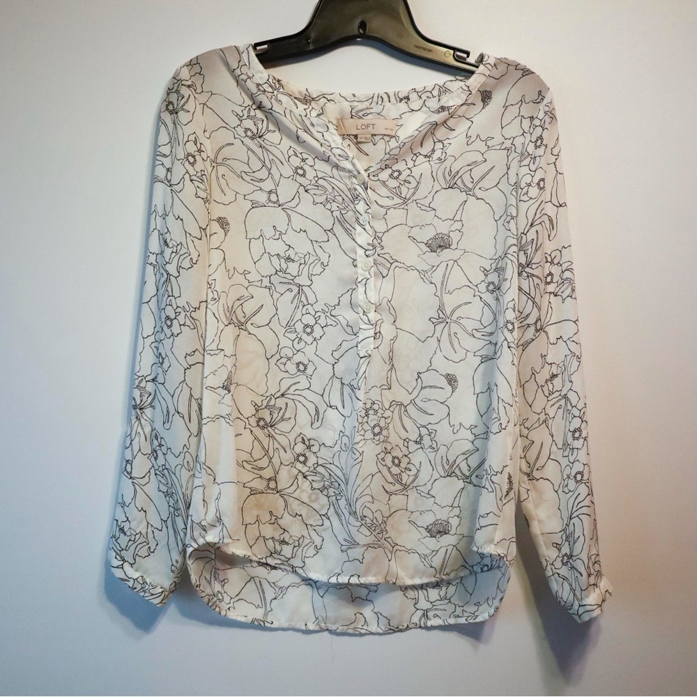 LOFT White and Black Floral Blouse
